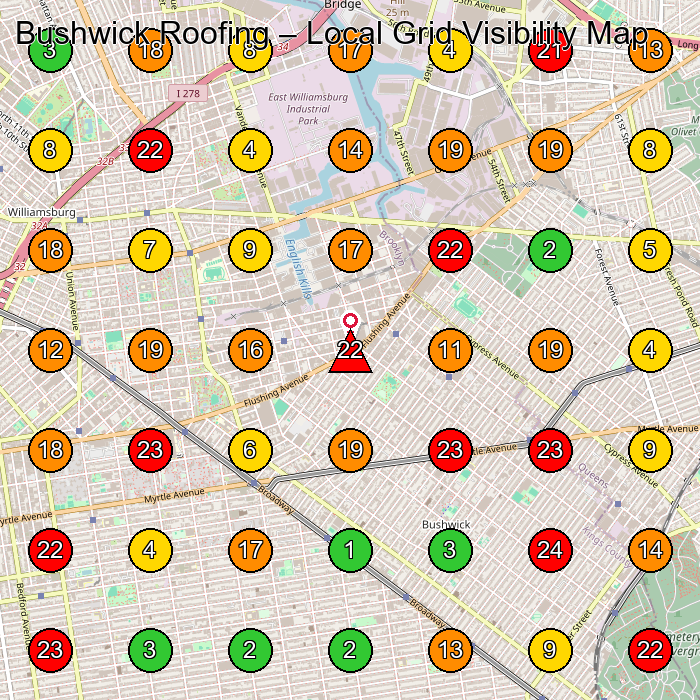 Bushwick Roofing Roofing Contractor GeoGrid ranking map for Brooklyn NY